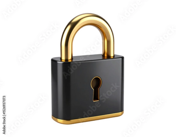 Fototapeta Secure Black Lock With Golden Finish Elements on White Background