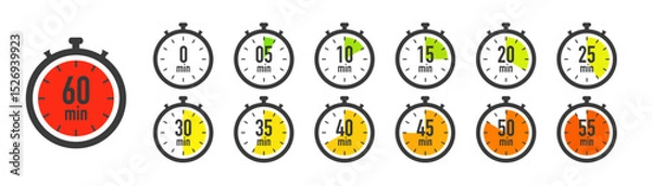 Obraz Timer, clock stopwatch icon set with 5 minutes gap. 5, 10, 15, 20, 25, 30, 35, 40, 45, 50, 55, and 60 minutes. Countdown timer vector illustration