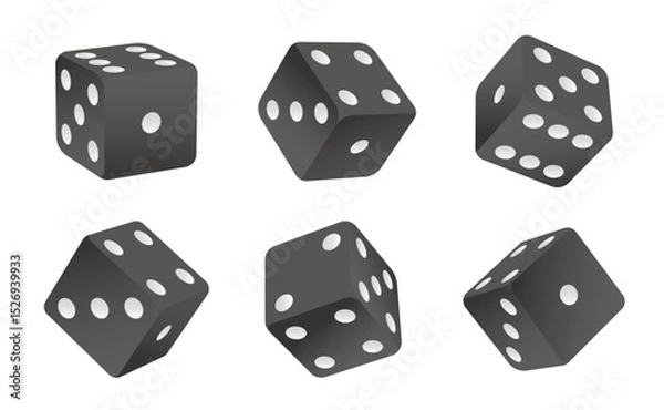 Obraz Rolling dice. Black cubes with white dots for gamble game, top view dice sides and 3D angles. Realistic vector craps. Dice cube play illustration