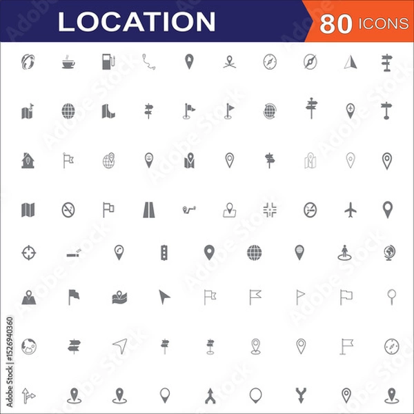 Obraz Location icon set. Containing map, map pin, gps, destination, directions, distance, place, navigation and address icons. Solid icons vector collection set.