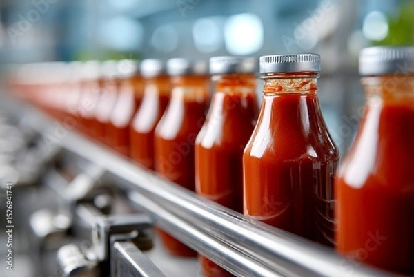 Fototapeta Row of tomato sauce bottles on conveyor belt in food processing factory
