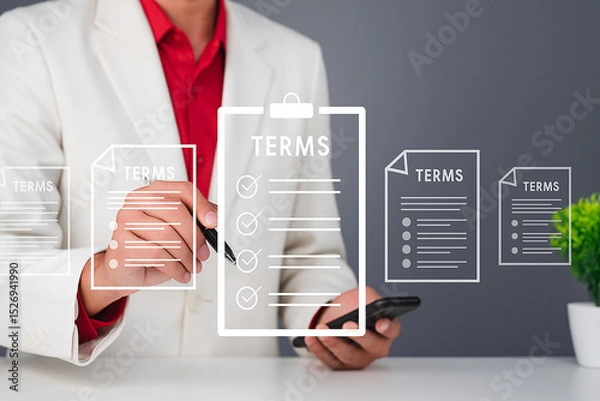 Obraz Professional Businessman Reviewing Terms Document on Smartphone with Holographic Interface in Office Environment – Corporate Technology Concept Image