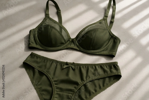 Obraz Olive green lingerie set featuring a bra and matching underwear displayed on a neutral surface with natural sunlight and shadows
