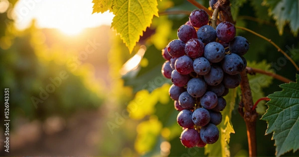 Fototapeta A stunning high-resolution image of ripe Nebbiolo grapes on the vine, ideal for winery ads, wine labels, and gastronomy blogs.