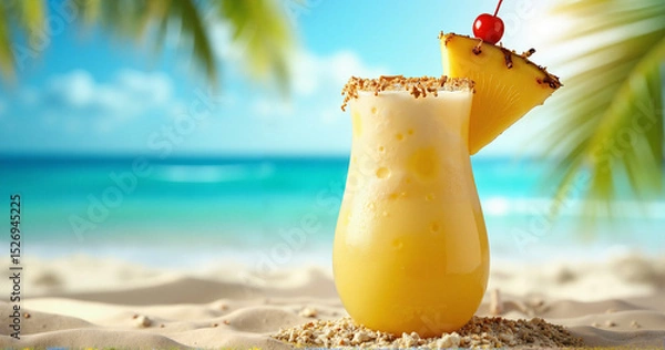 Fototapeta A Refreshing Piña Colada in a Frosted Glass with Tropical Beach Background, Ideal for Summer Promotions and Cocktail Menus