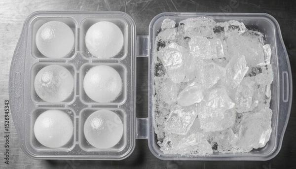 Fototapeta Plastic container with ice spheres and crushed ice on metallic surface
