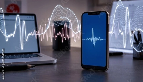 Fototapeta Smartphone displaying sound wave graphic next to laptop on modern workspace desk
