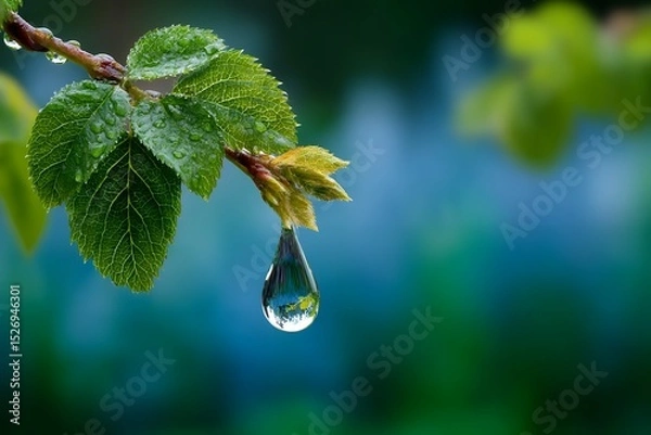 Fototapeta Close-up of dew drop hanging from leaf with vivid green and blue background