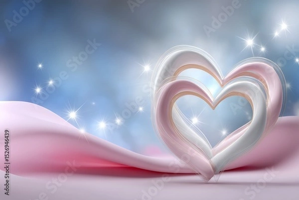 Fototapeta Dreamy pink and white heart-shaped ornament with sparkling stars and soft pastel background