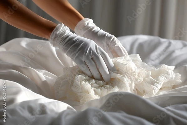 Fototapeta Hands with white gloves arranging elegant ruffled fabric in soft light