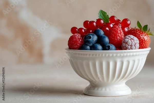 Fototapeta Fresh mixed berries in elegant white bowl on rustic background