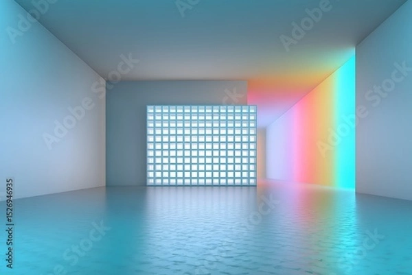 Fototapeta Futuristic minimalist interior with colorful light reflections and grid structure