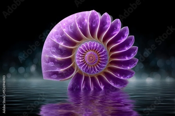 Fototapeta Iridescent purple nautilus shell reflecting on water at night
