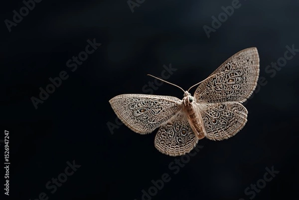 Fototapeta Brown moth in flight against dark background displaying intricate wing patterns