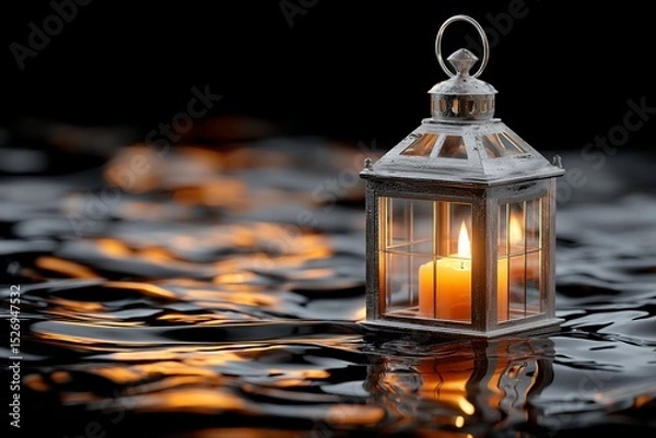 Fototapeta Glowing lantern floating on reflective water surface at night