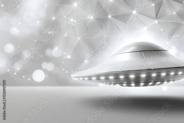 Fototapeta Futuristic silver ufo spaceship with geometric patterns and illuminated lights