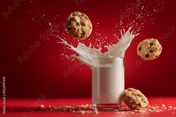 Fototapeta Dynamic cookie splash with milk against vibrant red background