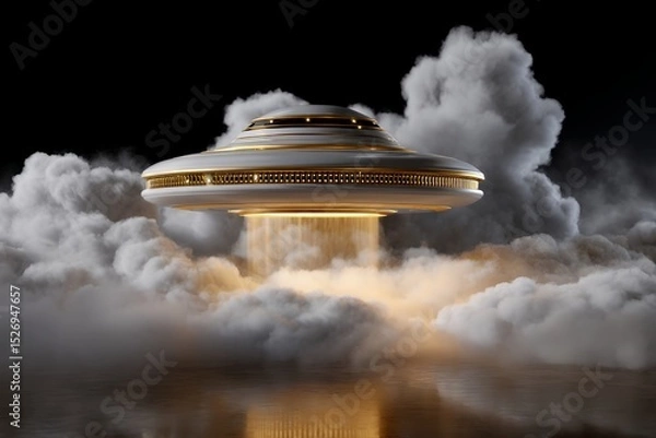 Fototapeta Gold-encrusted ufo hovering amidst mystical clouds with a dramatic glow