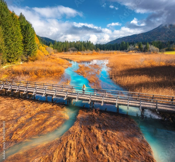 Obraz Aerial view of woman on wooden bridge, azure river and orange grass at sunset in golden autumn. Zelenci lake, Slovenia, Triglav park in fall. Top drone view of bridge, girl, mountains, water, trees