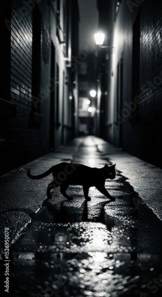 Fototapeta Silhouette of a Black Cat Walking Down a Dark, Rainy Alleyway at Night