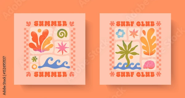 Fototapeta Summer illustrations with sea ocean waves,coral,star,sun.Groovy boho beach,surf club retro aesthetic.Summer vacation backgrounds in simple funny style.Graphic prints for shirts,banners,covers,branding