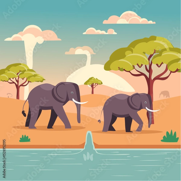 Fototapeta Elephants at a Waterhole – Dust clouds rising as a herd gathers, acacia trees in the background.
