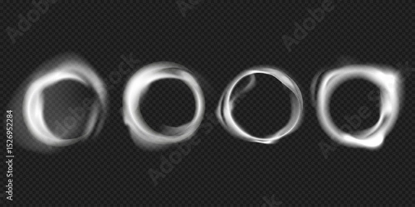 Obraz Set of glowing smoke ring overlays with white mist and circular vortex shapes on transparent background. Circular Mist and Vapor Effects for Special Visual FX.Vector illustration
