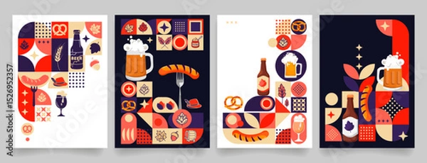 Obraz Oktoberfest themed poster templates in modern flat style with retro-modern and geometric minimalist elements featuring beer, pretzels, sausages, traditional German festival icons. Vector illustration