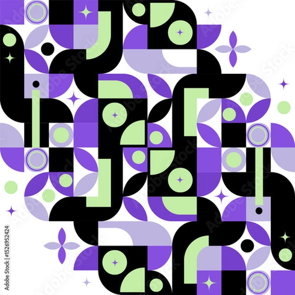 Obraz Geometric Abstract Pattern in Retro Futuristic Style.Abstract geometric pattern with curved shapes, rounded forms, and retro-futuristic color palette in purple, green, black tones.Vector illustration