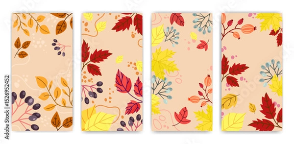 Obraz Set of autumn themed background templates with colorful leaves and berries, ideal for flyers, greeting cards, posters, or seasonal invitations.Seasonal Fall Layouts with Leafy Borders .Vector