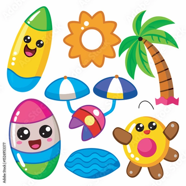 Fototapeta Cute Summer Beach Cartoon Vector Set