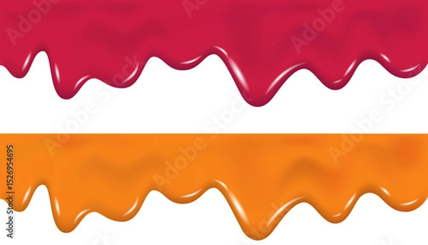 Fototapeta Pink, orange drip cream drops, marmalade, jelly, slime or yogurt border. Flowing melted ice cream, cherry glaze, raspberry sauce or paint texture. Dripping melted apricot jam or cheese. Vector.