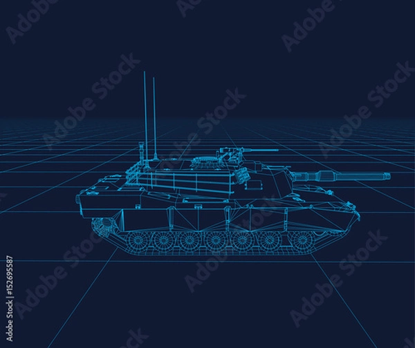 Fototapeta Abrams tank Vector wireframe, perspective 3d technology vector illustration