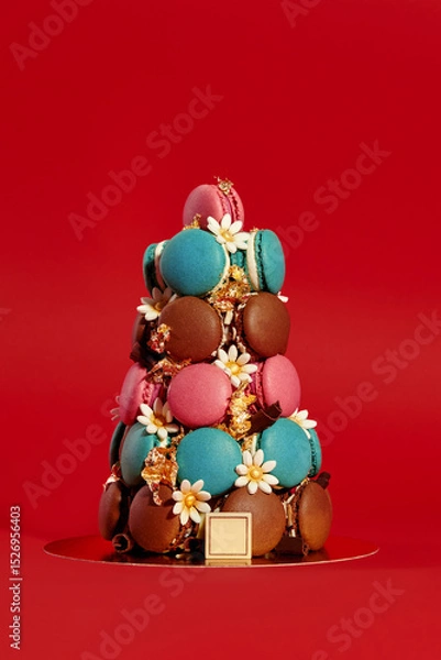 Fototapeta Colorful macarons forming a pyramid on red background with gold leaf decoration