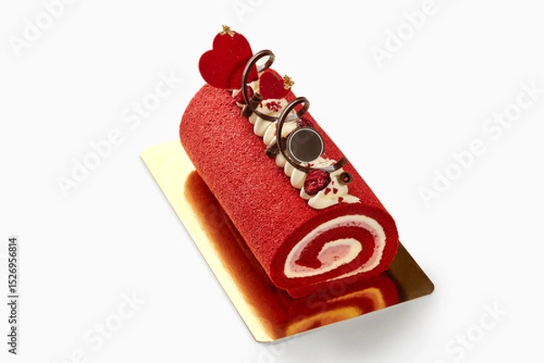 Fototapeta Delicious red velvet roll cake decorated for valentine's day with cream and chocolate hearts