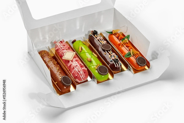 Fototapeta Set of colorful eclairs with creative toppings in a white gift box