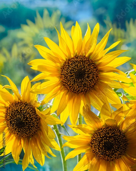 Fototapeta Sunflowers b at soft blur background, close-up. Big flowers of sunflower with  yellow petals in bright sunlight with bokeh backdrop.