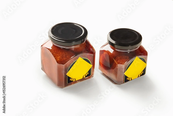Fototapeta Two jars of baba al rhum showing preserved cherries in rum syrup on white background