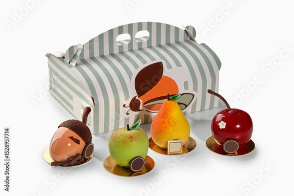 Fototapeta Fruit shaped desserts in front of pastry box from the braun family