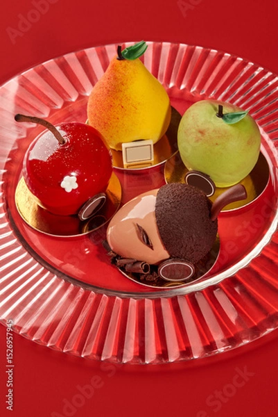 Fototapeta Delicious fruit shaped cakes resembling apple, pear, cherry and acorn on red plate