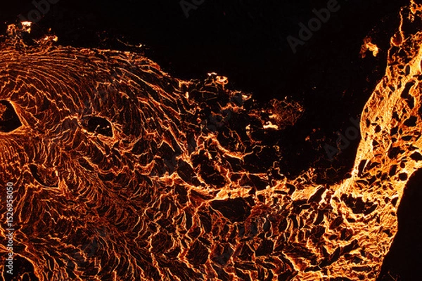 Fototapeta Aerial view of the texture of a solidifying lava field