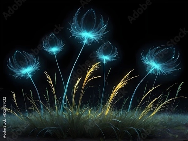 Fototapeta Ethereal Glowing Dandelion‑Like Flowers with Blue–Teal Radiance, Gentle Grass Highlights on Black — Kirlian Electrography Style Dreamscape of Light and Hope