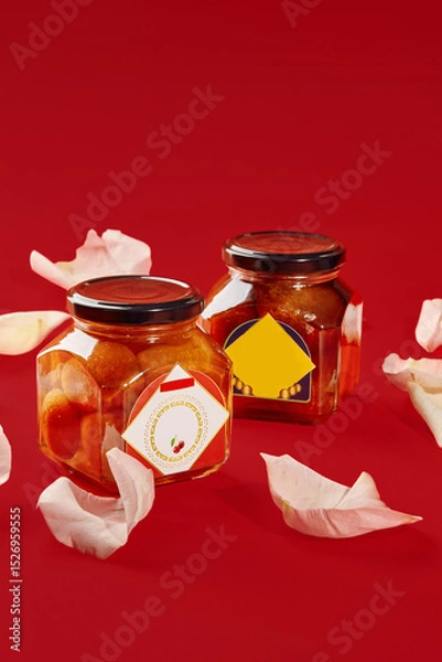 Fototapeta Two luxardo baba al maraschino jars decorated with rose petals on red background