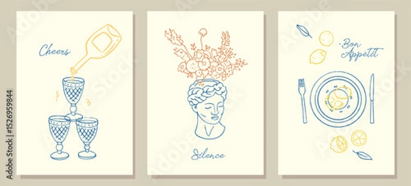 Fototapeta Vector hand drawn trendy summer wedding outline illustration. Elegant flat minimalist hand drawn modern art for wedding invitations, menu, graphics and design