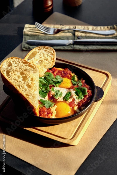 Fototapeta Shakshuka with coriander and mint served with bread in a black pan on a wooden board