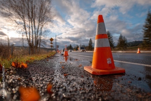 Fototapeta Safety Cones stand guard on wet Roadside during a highway construction project with moody Skies above at Sunset