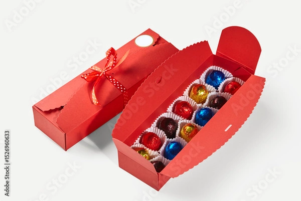 Fototapeta Colorful wrapped chocolate balls in red gift box with ribbon