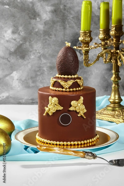 Fototapeta Luxurious chocolate easter cake decorated with golden angels and chocolate egg