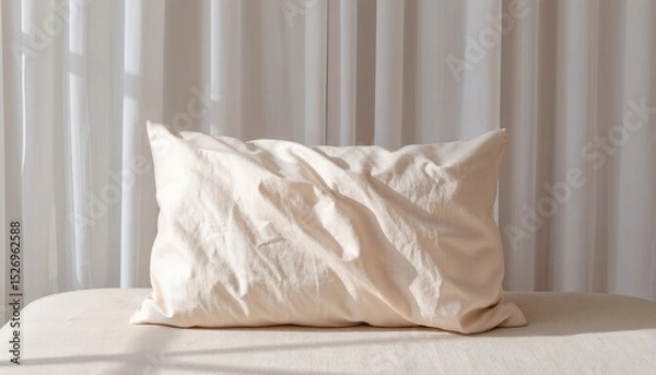 Fototapeta Soft wrinkled pillow on neutral bed with light curtains in cozy bedroom setting