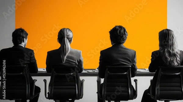 Fototapeta Photorealistic minimalist image of a meeting room at work, in black and white with subtle yellow accents, on a white background.